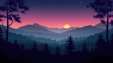 Sunset over majestic mountains and forest.