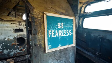 Be fearless motivational sign in abandoned industrial setting transformation