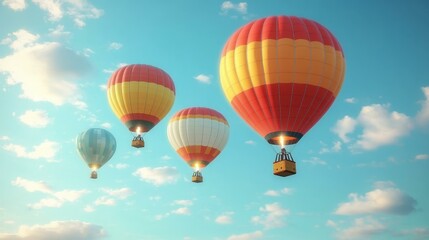 Naklejka premium Colorful hot air balloons floating peacefully in clear blue sky, perfect for travel, adventure, festival, summer vacation, and outdoor event backgrounds with bright sunlight and soft clouds