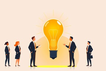 Illuminating Ideas: A diverse team of business professionals gather around a giant lightbulb, symbolizing the power of collaboration and innovation in generating brilliant ideas.  