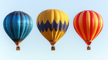 Obraz premium Colorful blue yellow red hot air balloons floating in clear sky, travel adventure, festival event, outdoor leisure, summer vacation, bright sunny day, scenic background, peaceful atmosphere, tourism,