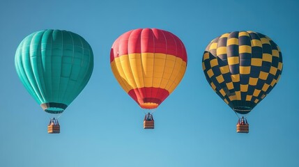 Obraz premium Three colorful hot air balloons floating in clear blue sky, perfect for travel, adventure, festival, summer vacation, outdoor event, serene, bright daylight, aerial view, uplifting mood
