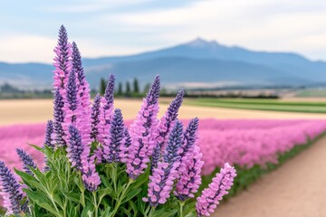 Obraz premium Fachadas de colores cálidos reflejando la belleza de un campo de flores y montañas al fondo