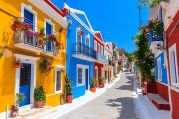 Fachadas coloridas de casas mallorquinas adornadas con flores en un día soleado