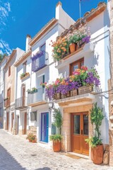 Fototapeta premium Fachadas de casas mallorquinas con colores vibrantes y flores en abundancia en un día soleado en Mallorca