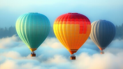 Naklejka premium Three colorful hot air balloons floating above white clouds at sunrise for travel adventure tourism scenic landscape background blue sky calm atmosphere