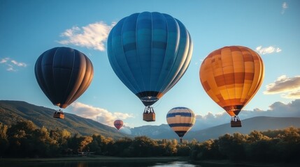 Obraz premium Colorful hot air balloons floating in clear blue sky over green forest landscape during sunset, adventure travel festival celebration, outdoor recreation, scenic view, summer vacation, freedom joy at