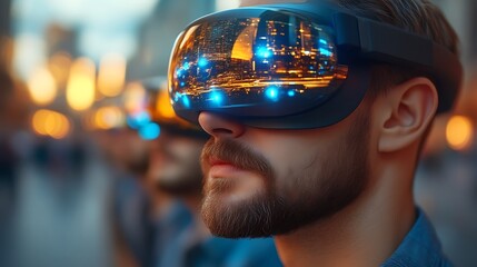 Man wearing VR headset, city reflection.