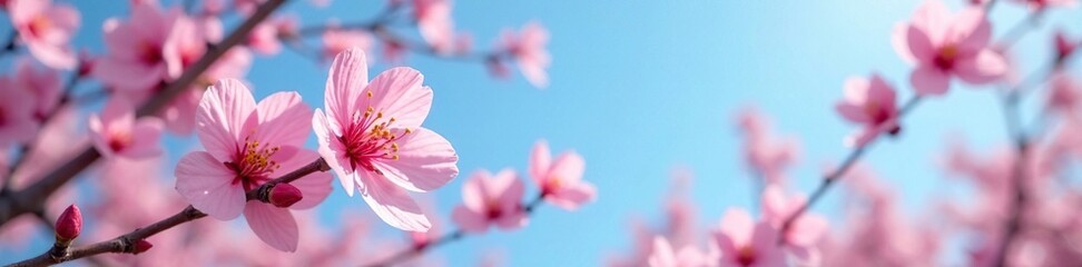 Fototapeta premium delicate pink petals unfurl in the clear spring sky, blue sky, flowers, pink flower blossoms
