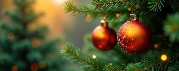 Orange glass ornaments hanging from a Christmas tree branch, evergreen trees, holiday decoration, autumn foliage