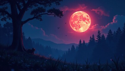 Fototapeta premium Nighttime scene with full moon casting an eerie glow, glow, forest