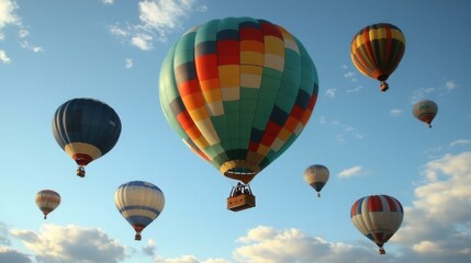 Obraz premium Colorful hot air balloons with passengers floating in blue sky over scenic landscape perfect for travel adventure, festival, aerial photography, summer vacation, outdoor activity, freedom, and touris