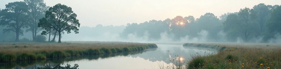 Fototapeta premium Misty morning veil rises above a tranquil marshy landscape with cypress trees, serenity, peaceful, wetland