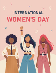 Vector banner for the Equality Day holiday. Three women of different skin colors, united by the idea of ​​equality and strength, empowerment. For women's projects, websites, postcards, advertising