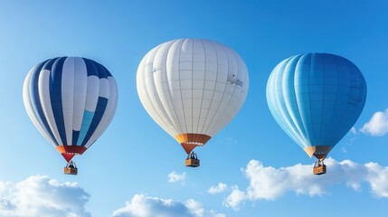 Obraz premium Three colorful hot air balloons floating in blue sky with clouds, travel adventure concept, perfect for tourism, vacation, and outdoor event backgrounds, bright sunny day atmosphere light