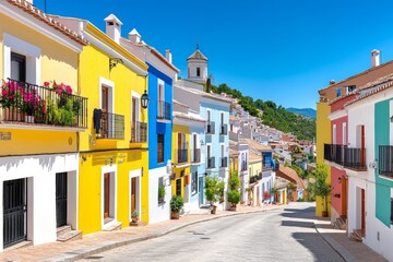 Fototapeta premium Fachadas blancas e intensos colores en calles de un encantador pueblo español en un día soleado
