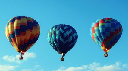 Fototapeta premium heic NFT Marketing Mlops Esg fintech Martech saas Kubernetes backup Telegram channel Second state Togetherall Wayflyer Three colorful hot air balloons with geometric patterns flying in clear blue sky