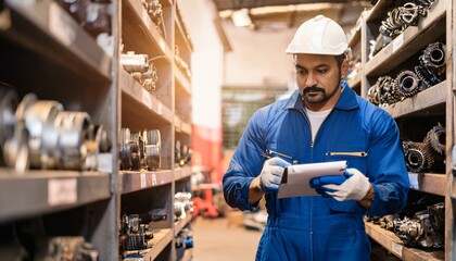 Warehouse Inventory Inspection: A focused industrial worker meticulously examines a checklist in a busy warehouse setting, emphasizing the importance of detail and accuracy in inventory management.  