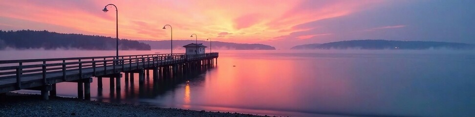 Fototapeta premium Fishing pier at dawn with mist rising over the Halifax river, fishing pier, shore, halifax river