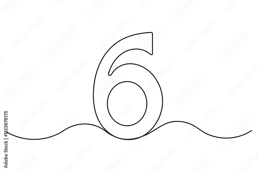 Fototapete number six continuous one line drawing of number 6. editable one line drawing of number 6 icon. vect