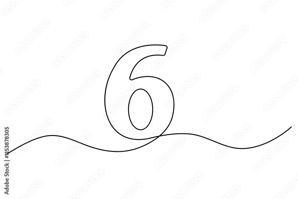 Fototapete number six continuous one line drawing of number 6. editable one line drawing of number 6 icon. vect