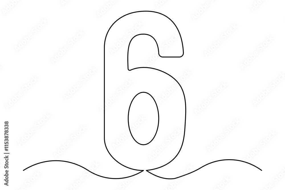 Fototapete number six continuous one line drawing of number 6. editable one line drawing of number 6 icon. vect
