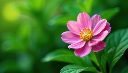 Obraz premium Delicate pink flower amidst lush green foliage, greenery, foliage