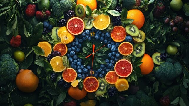 Fresh ripe fruits and vegetables in shape of clock showing time of 23 hours 55 minutes, concept of new years resolutions