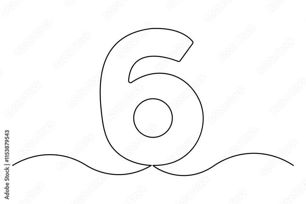 Fototapete number six continuous one line drawing of number 6. editable one line drawing of number 6 icon. vect