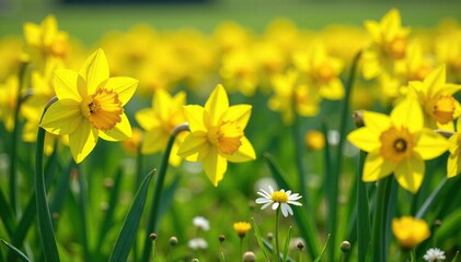 Fototapeta premium A field of bright yellow daffodils amidst a sea of green grass and wildflowers, yellow, meadow