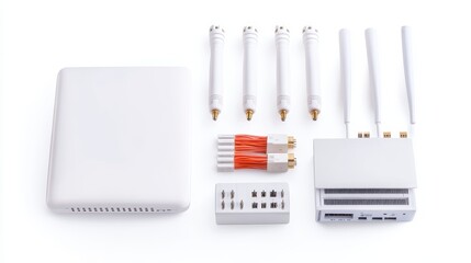 A collection of networking equipment, including a router, antennas, and connectors, all in sleek white design, suitable for enhancing wireless connectivity.