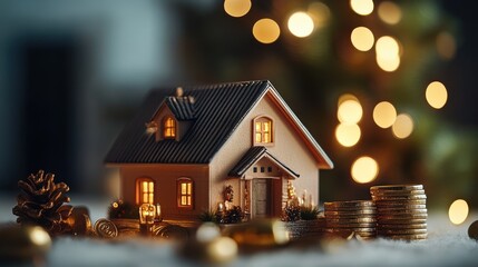 2024 end year to Happy New Year 2025 with house model and Coins stack. real estate, Home loan, tax, investment, mortgage, financial, savings and New Year Resolution concepts