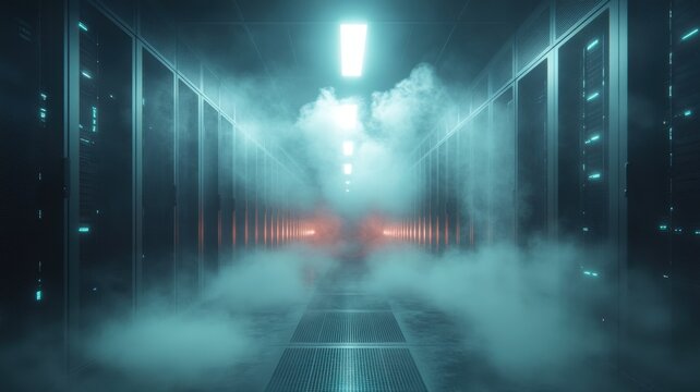 Cloud computing visualization in server room technology digital art futuristic perspective data management