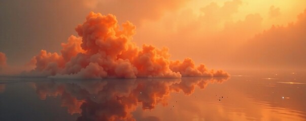 A swirling cloud of bright orange mist floats on surface of murky water, misty atmosphere, foggy environment