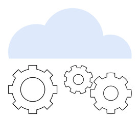 Blue cloud above three interlocking, black-outlined gears signifies technology integration, cloud computing, data storage, efficiency, and modernization. Ideal for digital services, IT solutions