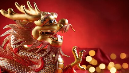 Fototapeta premium Majestic Golden Dragon on Red Background 