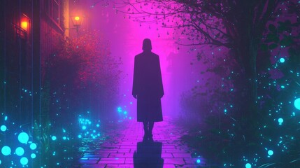 Mysterious silhouette of person in long coat walking on illuminated street at night with glowing blue lights and pink fog perfect for thriller, Halloween, urban, and nighttime themes
