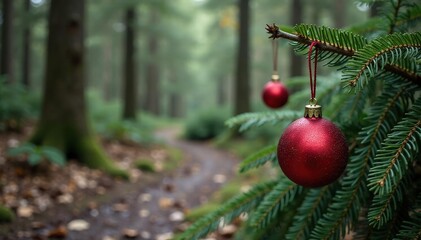 Dried and withered branches adorned with glass ornaments shaped like Christmas balls resting in the forest, peaceful, evergreen