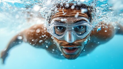 Fototapeta premium Underwater Portrait of a Swimmer with Diving Mask