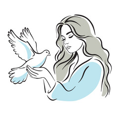 Beautiful girl with a white dove, pigeon, peace. Young woman holds a bird in her hands. Symbol of peace, no war, outline, silhouette, vector illustration on a white background