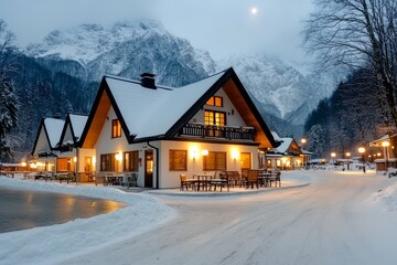 Fototapeta premium Chalets iluminados en una noche de invierno con montañas y nieve