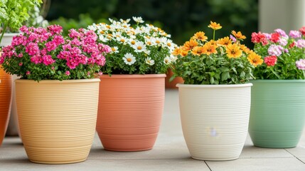Vibrant Collection of Flower Pots with Colorful Blooms Showcasing a Beautiful Outdoor Space with Fresh Plants and Bright Floral Arrangements in Various Shades