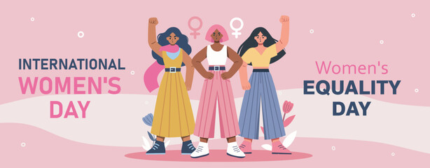 Vector illustration with space for text for holidays women's day, equality day, feminism day. Women of different skin colors stand together and fight for freedom, empowerment and opportunities