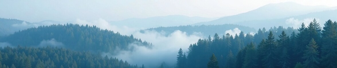 Obraz premium Towering pine trees, fog wraps around them like a blanket, isolated, fog