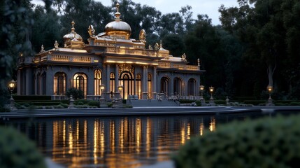 Fototapeta premium Golden Pavilion at Dusk: A Luxurious Estate in Tranquil Setting