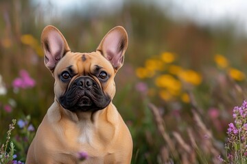 Fototapeta premium This captivating image features a French Bulldog sitting proudly in a stunning flower field, conveying a sense of joy and connection to the beauty of nature.
