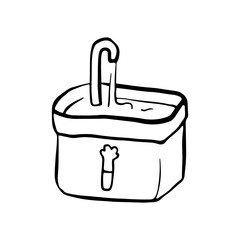 Drinking bowl for pets. Water fountain for cats and dogs. Item for domestic cats care. Sketch style Illustration for Pet shops, logo, postcards. Funny Crooked doodle vector icon.