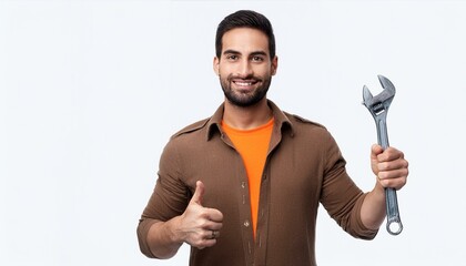 Handyman Confidence:  A smiling, confident handyman with a tool belt and wrench in hand, radiating expertise and reliability.  Ready to tackle any project with a thumbs-up and a positive attitude. 