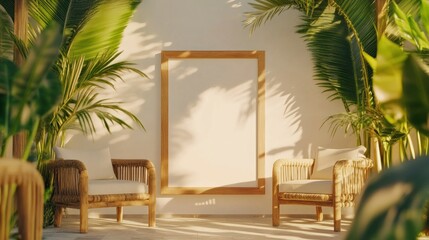 Obraz premium Tropical patio with blank frame, rattan chairs, and plants.