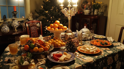 beautifully arranged traditional New Year table with festive fruits and dishes